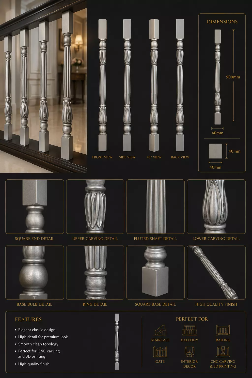 Classic Fluted Baluster 3D Model 3D model