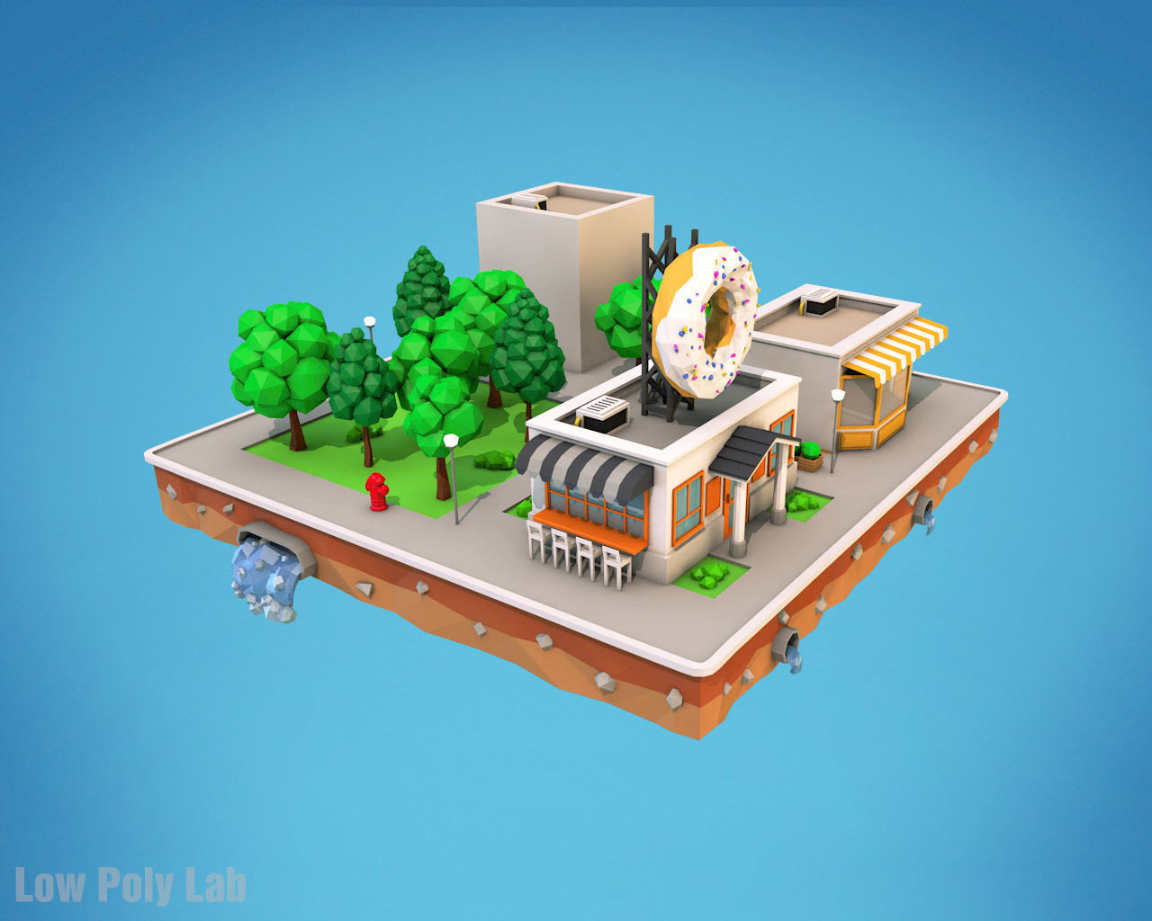 Cartoon City Block Dount Cafe Building Low-poly 3D model_2