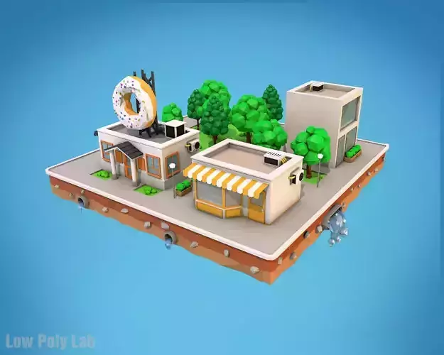 Cartoon City Block Dount Cafe Building Low-poly 3D model