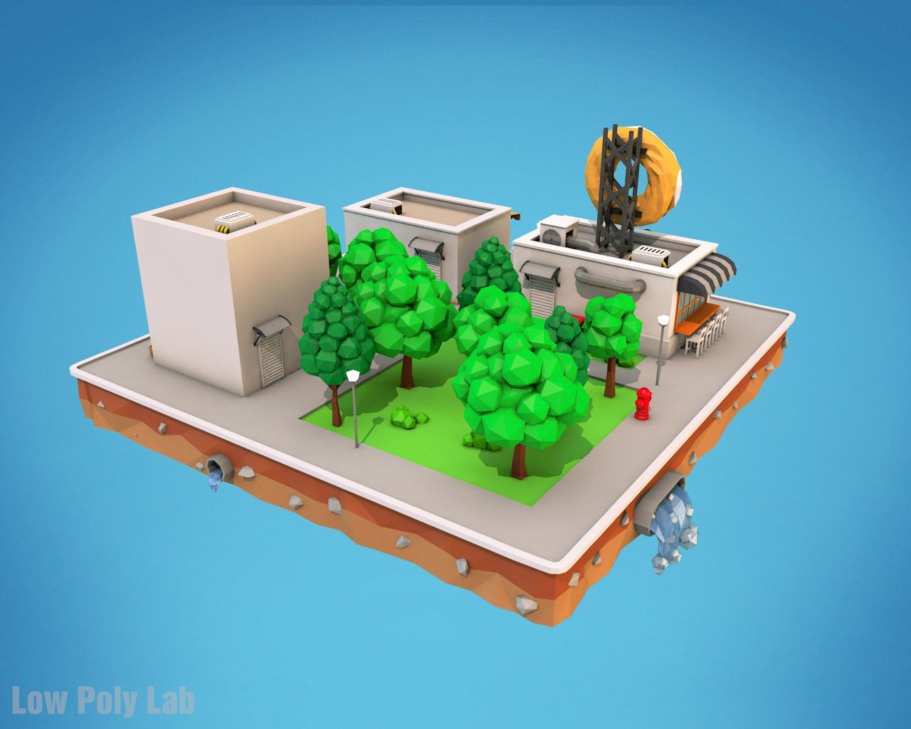 Cartoon City Block Dount Cafe Building Low-poly 3D model_4