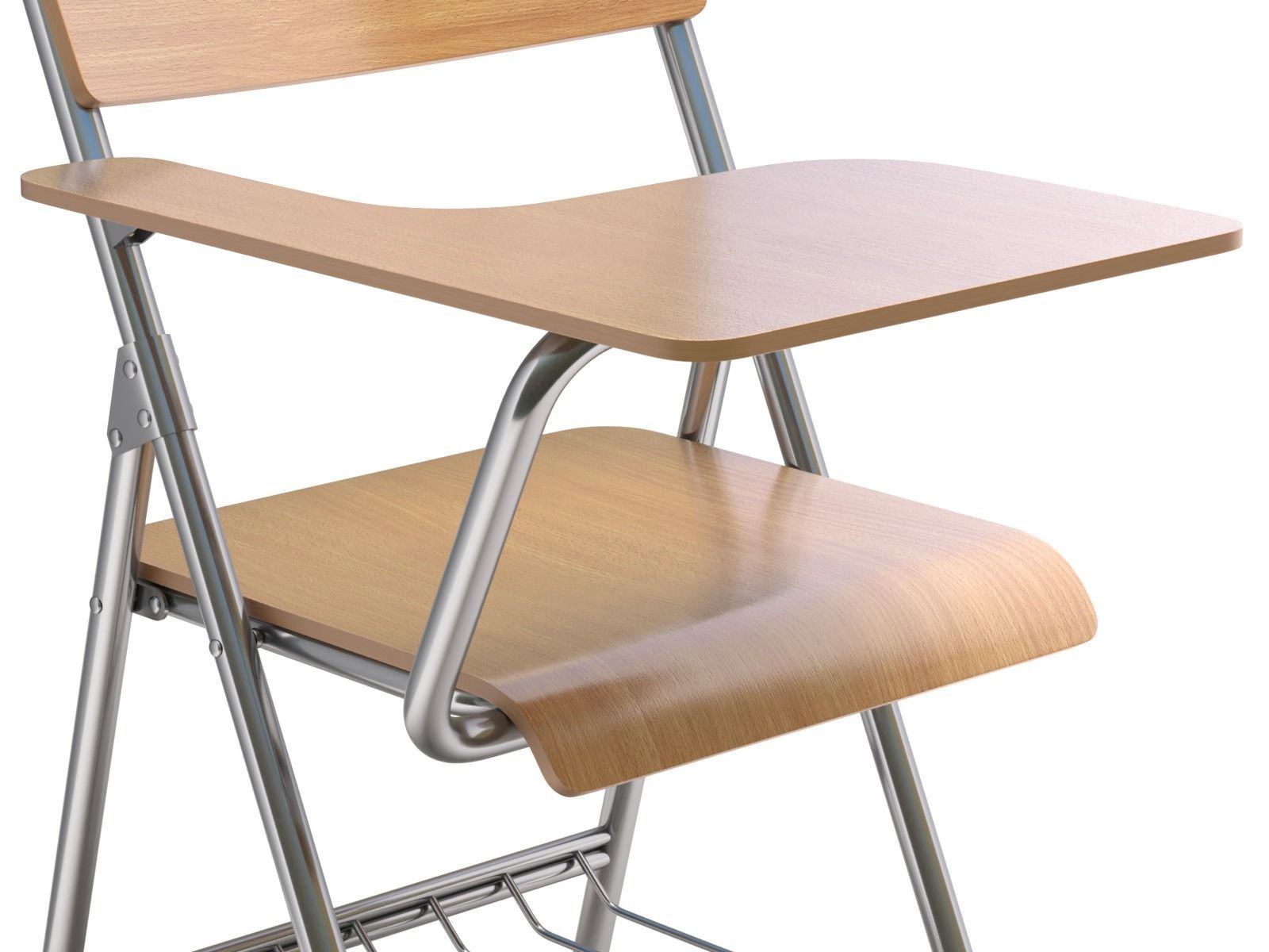 Wooden student chair with desk and armrest  3D model_6