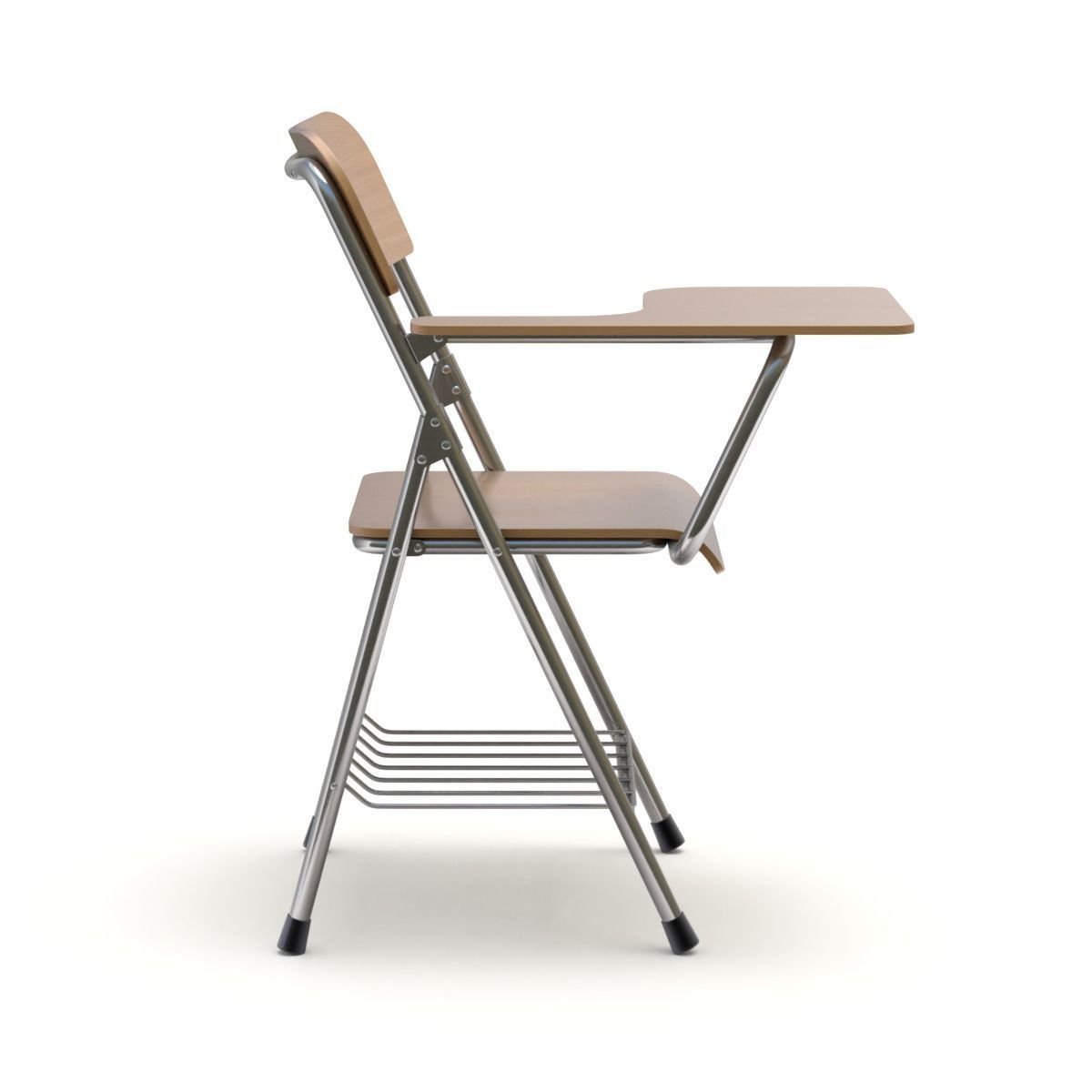Wooden student chair with desk and armrest  3D model_3