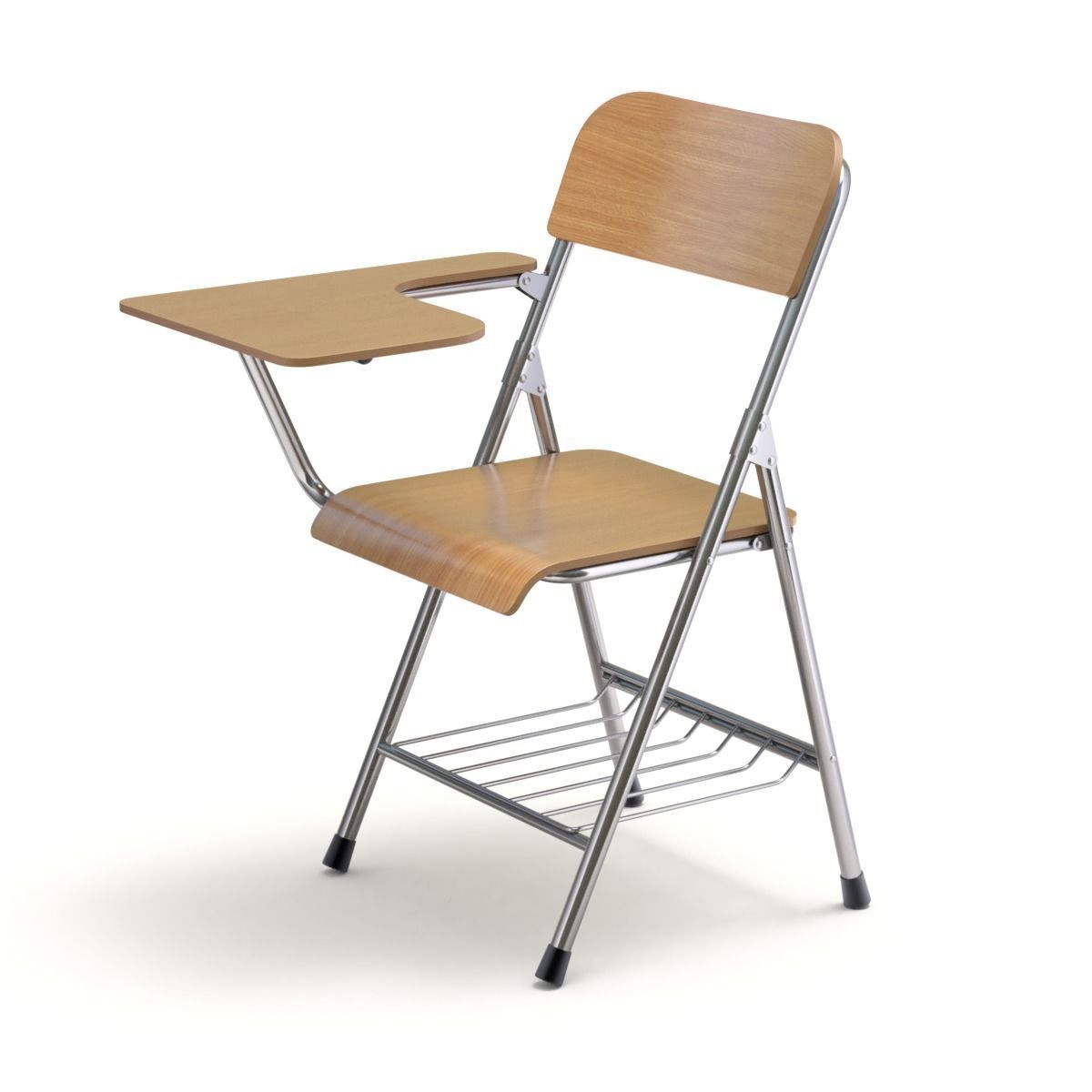 Wooden student chair with desk and armrest  3D model_2