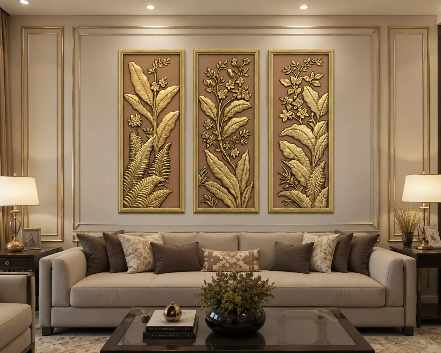Luxury Botanical Triptych Relief Wall Panels 3D print model