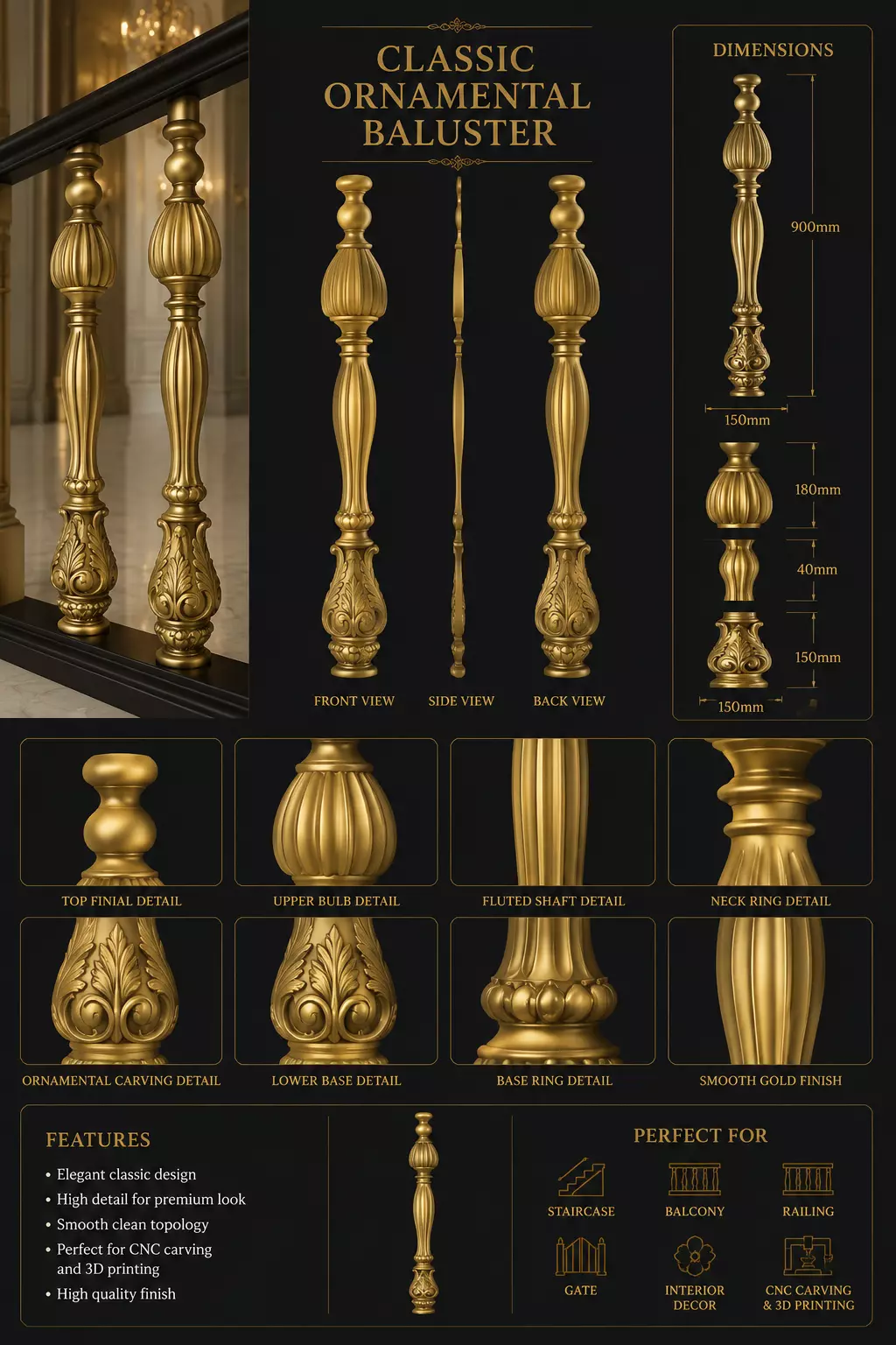 Classic Ornamental Baluster 3D Model 3D model