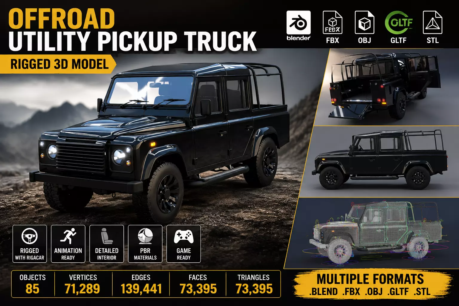 Classic Offroad Utility Pickup Truck Rigged 3D Model Low-poly 3D model