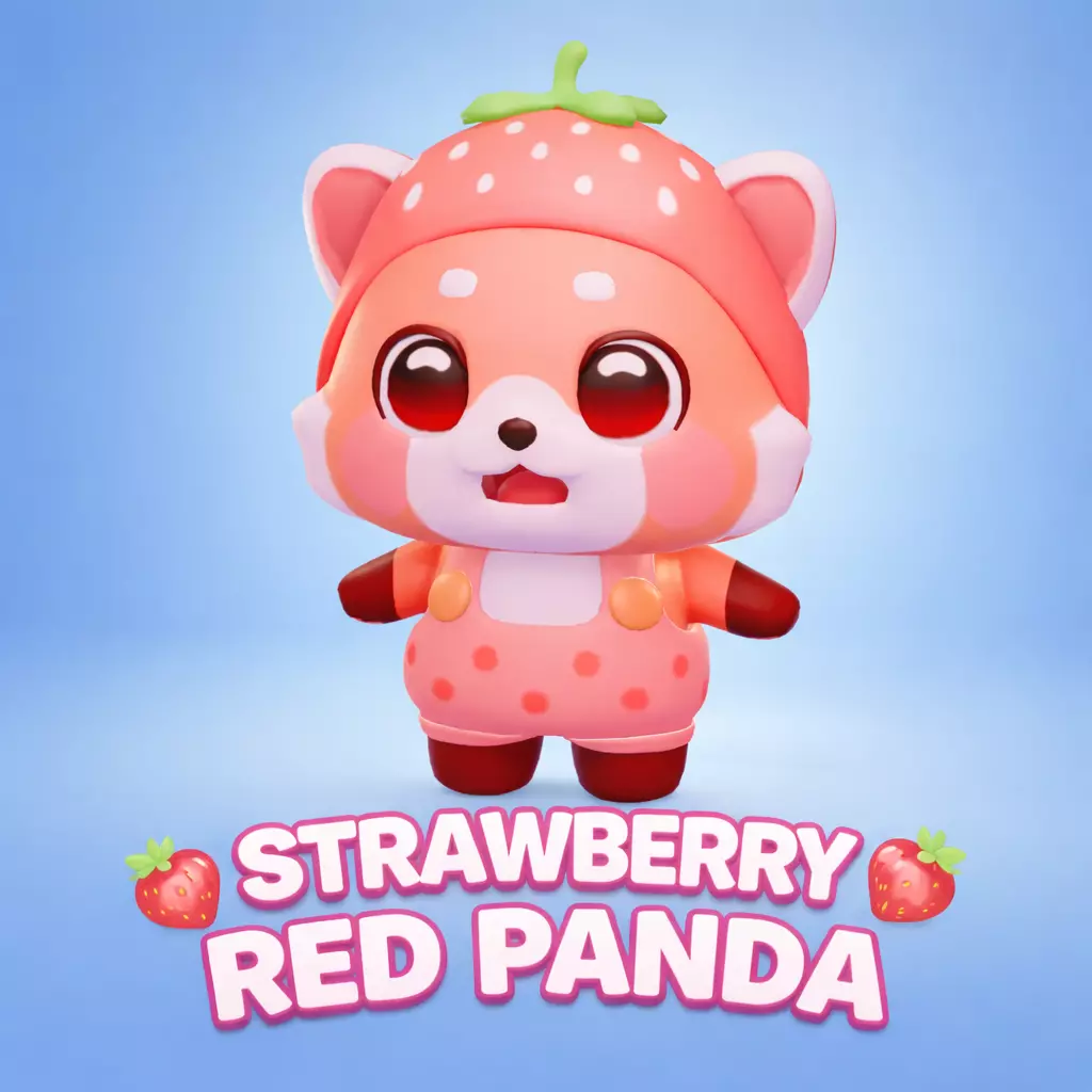Cute Strawberry Red Panda - Hand Painted 3D Cartoon Character Low-poly 3D model
