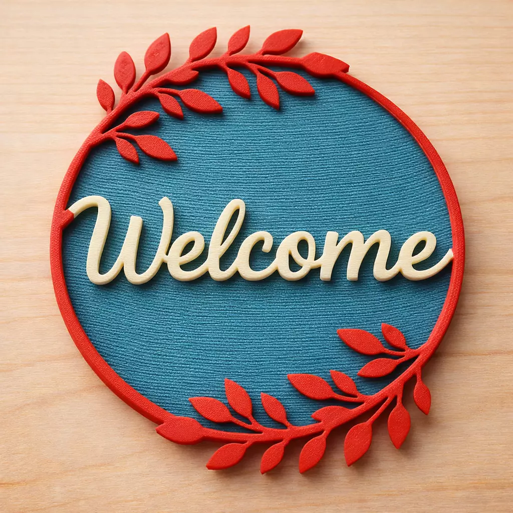 Welcome Sign STL 3D Print File Layered Floral Door Hanger 3D model