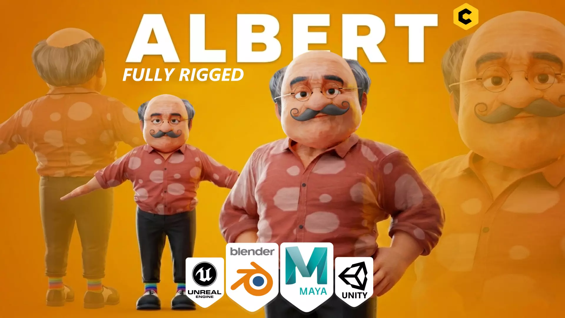 Game Cartoon Old man Character rigged - Albert Low-poly 3D model