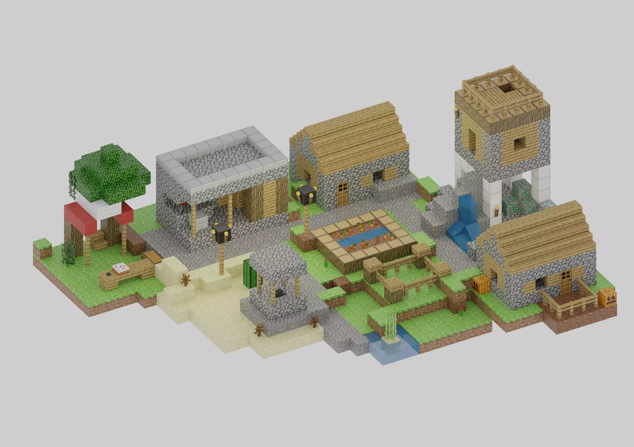 Minecraft-Style Village Scene - Low Poly 3D Model Low-poly 3D model