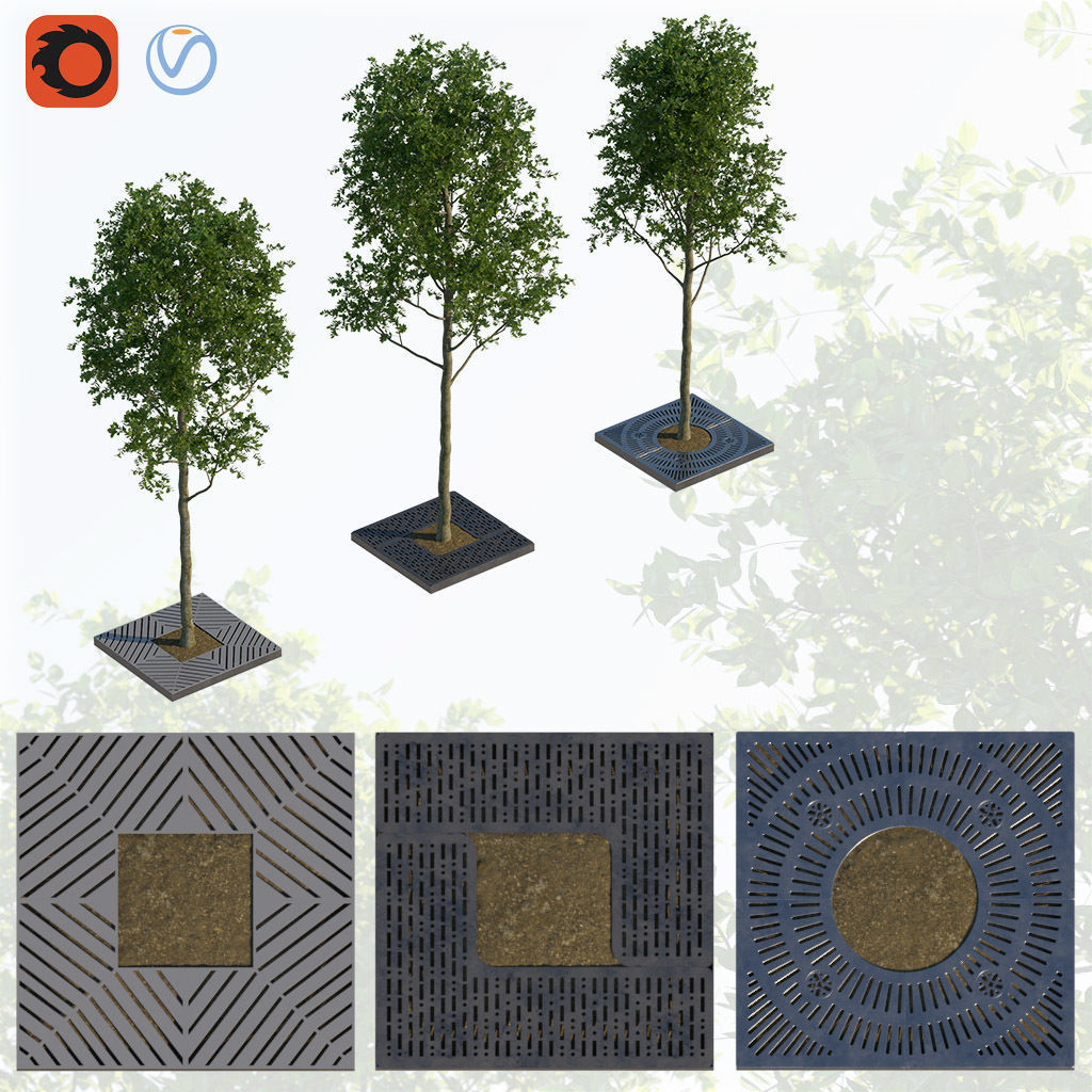 Trees and steel grating 3D model_0