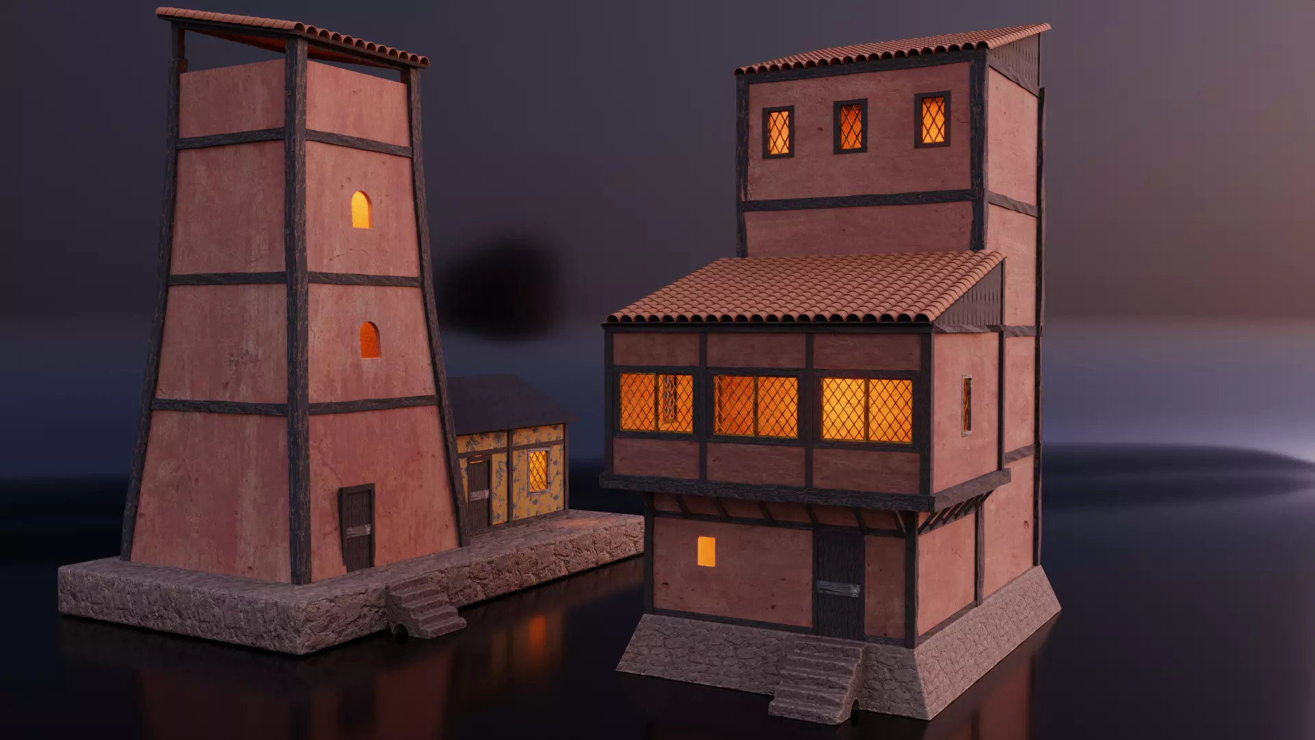 Medieval Stylized House and Tower Set Low-poly 3D model