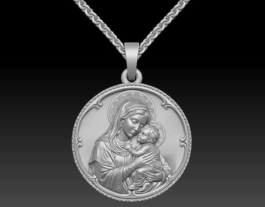 18K Gold Virgin Mary Pendant Necklace Madonna and Child Medal 3D print model