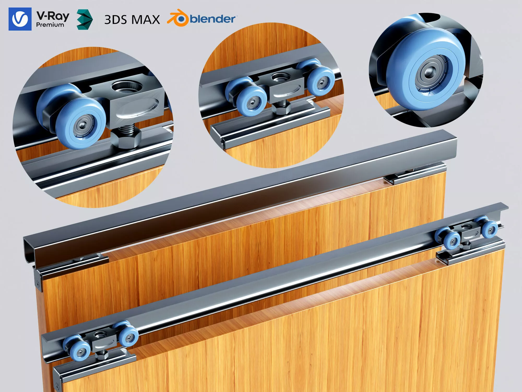 Sliding door roller and track system Low-poly 3D model