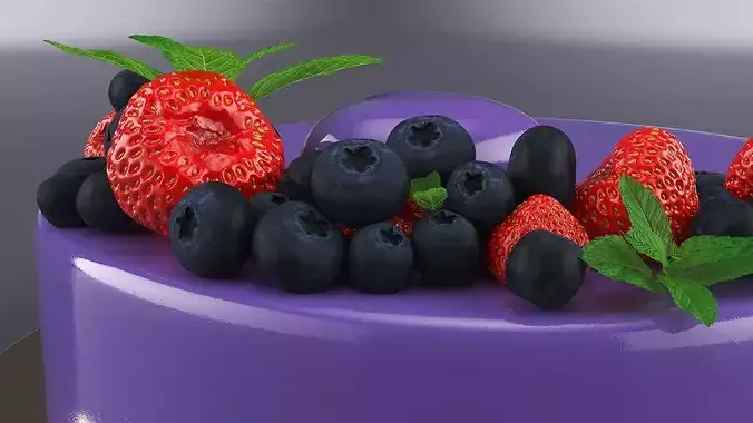 Glazed Round Cake with Mint and Berries 3D model 4