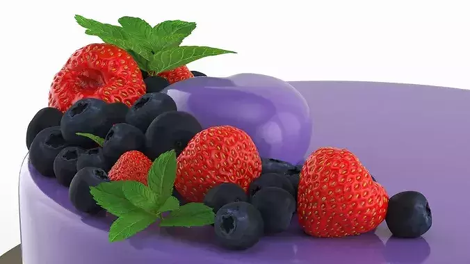 Glazed Round Cake with Mint and Berries 3D model 6