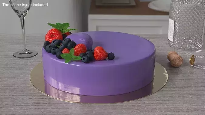 Glazed Round Cake with Mint and Berries 3D model 2