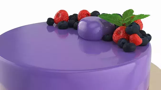 Glazed Round Cake with Mint and Berries 3D model 5