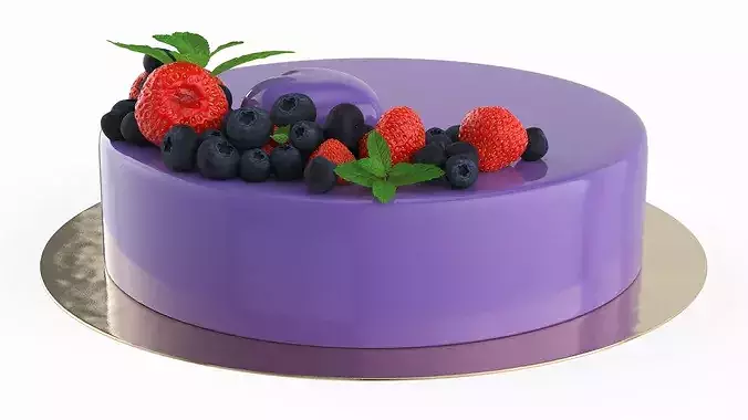 Glazed Round Cake with Mint and Berries 3D model