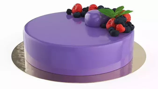 Glazed Round Cake with Mint and Berries 3D model 7