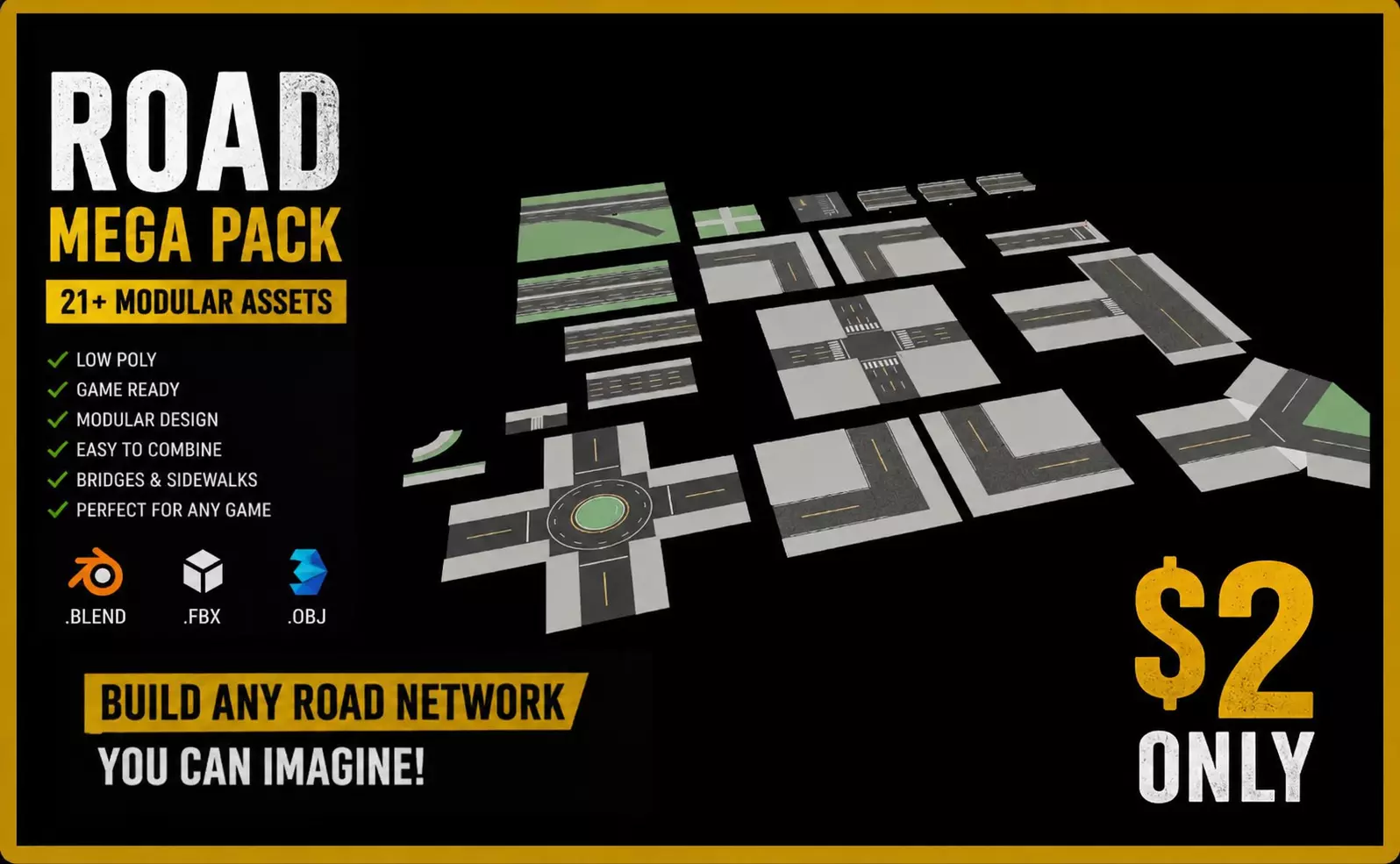 Low Poly Modular Road Mega Pack Low-poly 3D model