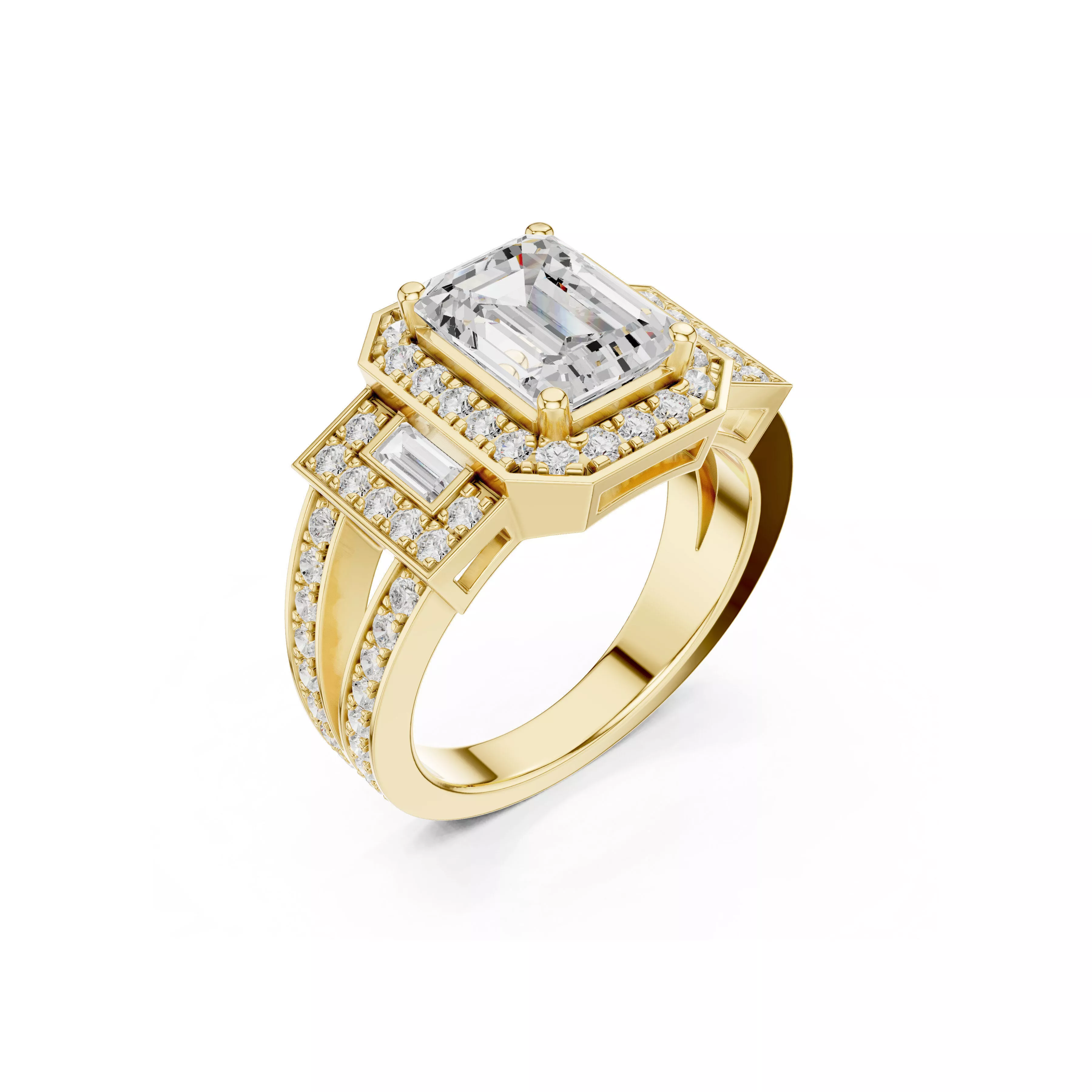 Premium Emerald Cut Halo Three Stone Diamond Ring CAD 3D print model