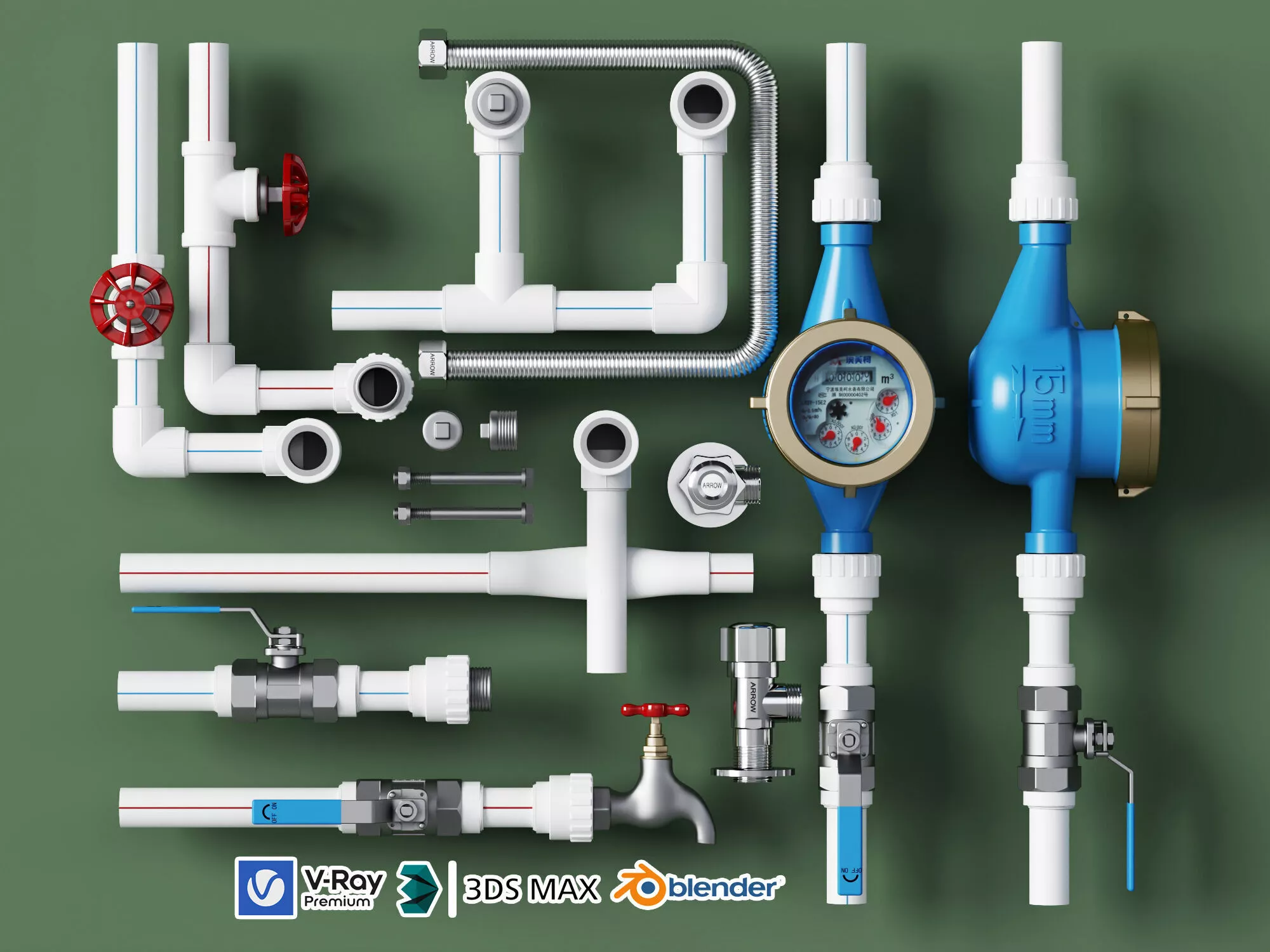 PPR Pipe Water Meter Plumbing Hardware Pack 3D model