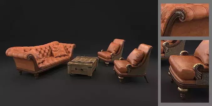 Classic Leather Chesterfield Seating Set 3D model