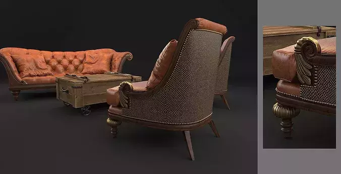 Classic Leather Chesterfield Seating Set  3D model 3