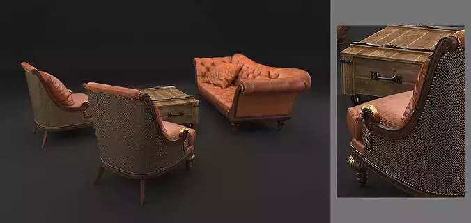 Classic Leather Chesterfield Seating Set  3D model 7