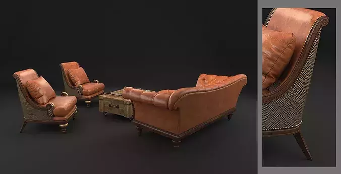 Classic Leather Chesterfield Seating Set  3D model 2