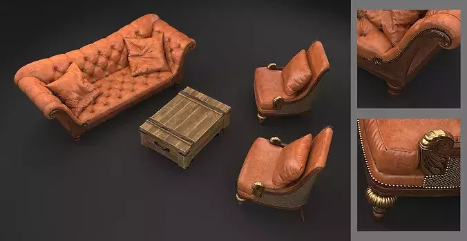 Classic Leather Chesterfield Seating Set  3D model 4