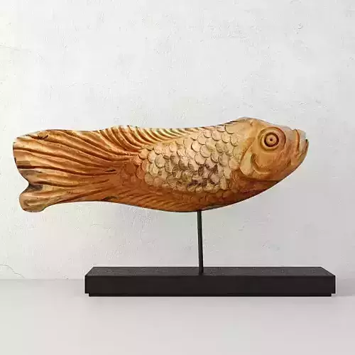 Japanese Hand Carved Vintage Wooden Fish Statue on Stand