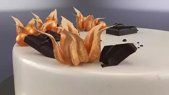 Chocolate Garnished Cake with Physalis 3D model 4