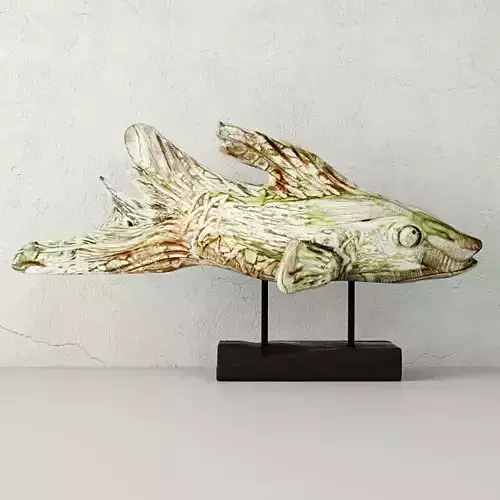 Hand Carved Driftwood Fish On Stand 3D model
