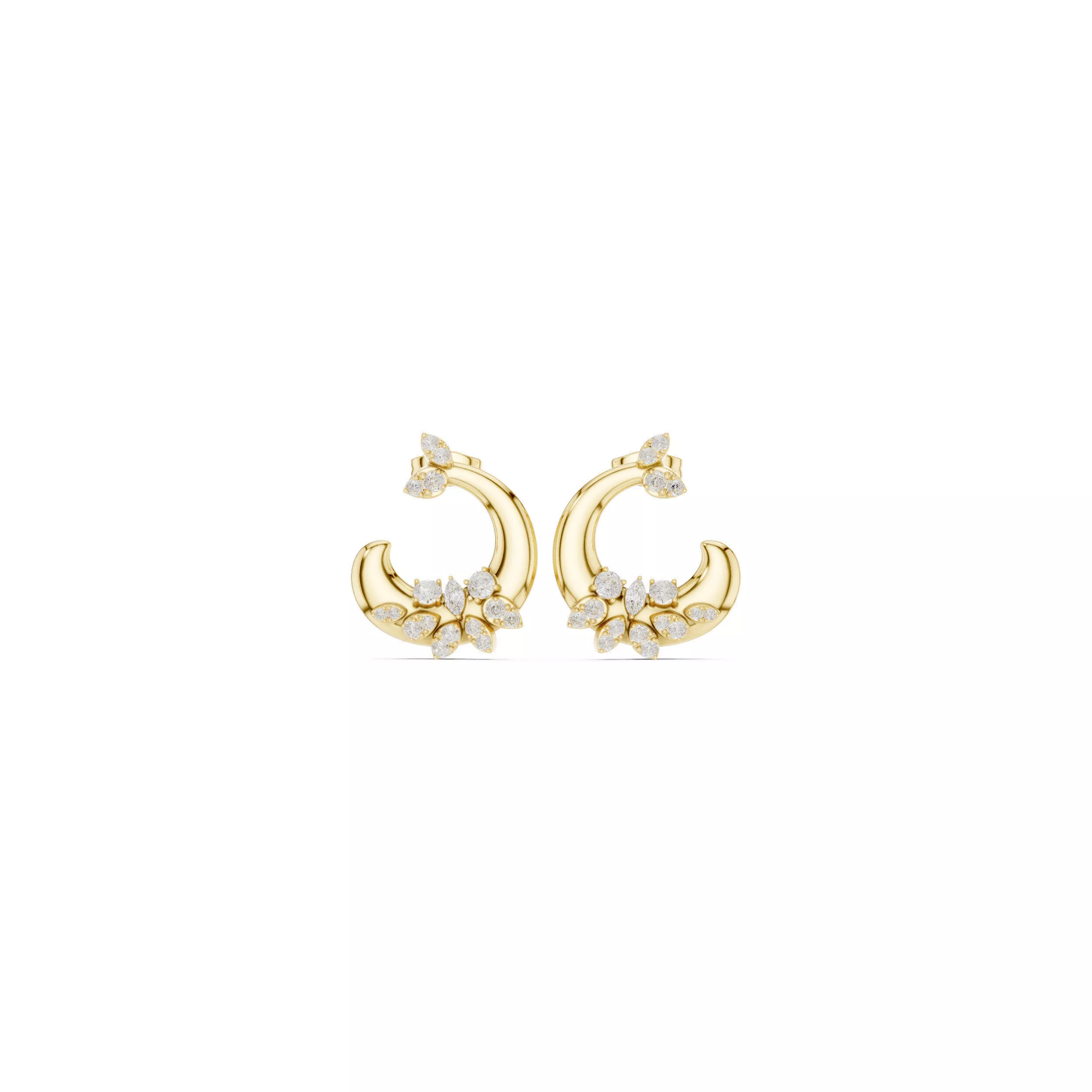 Floral Crescent Diamond Stud Earrings CAD 3D print model