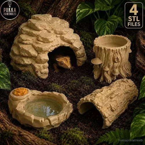 Reptile Habitat 4 Bundle Corner Cave Tunnel Rock Bowl Tree STL