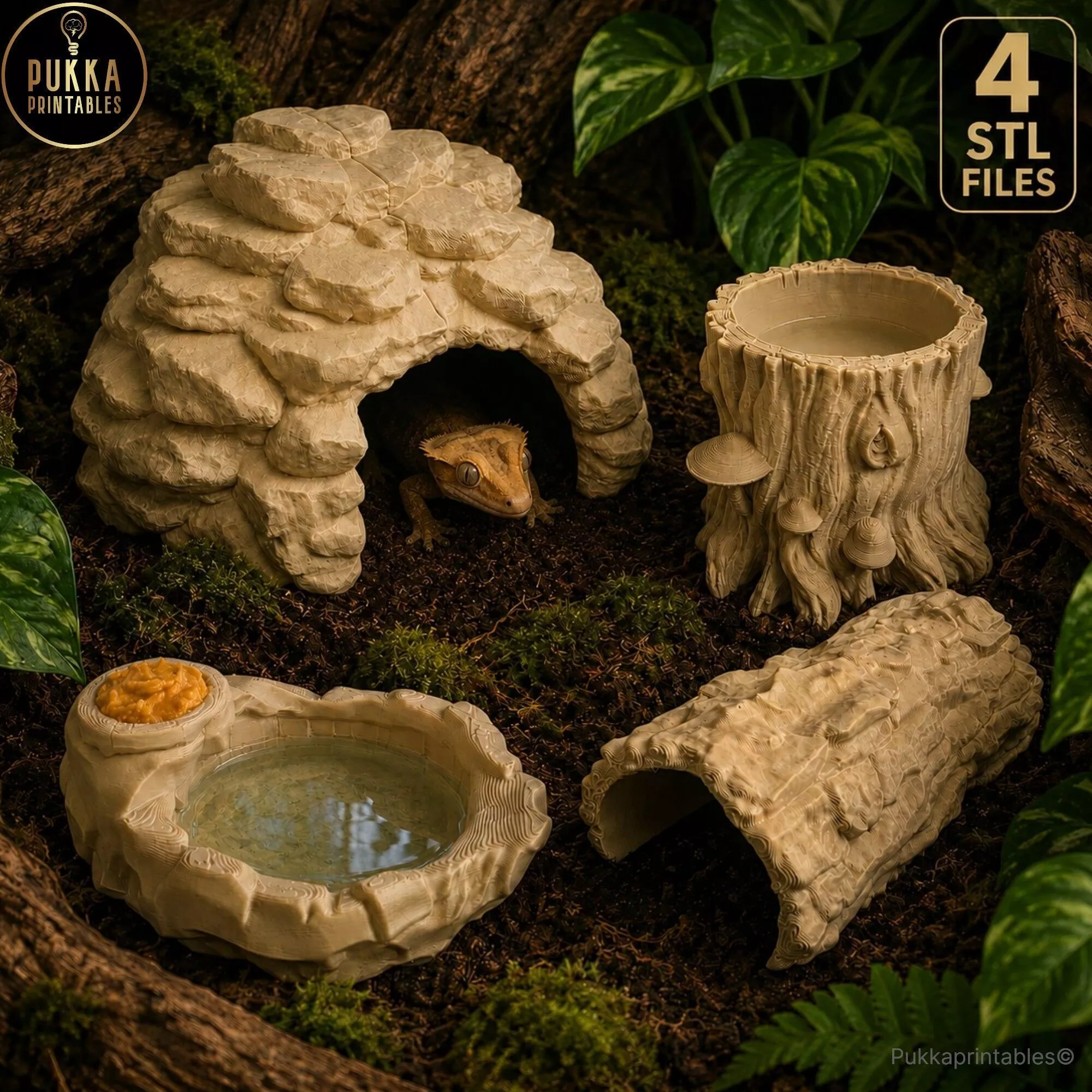 Reptile Habitat 4 Bundle Corner Cave Tunnel Rock Bowl Tree STL 3D print model