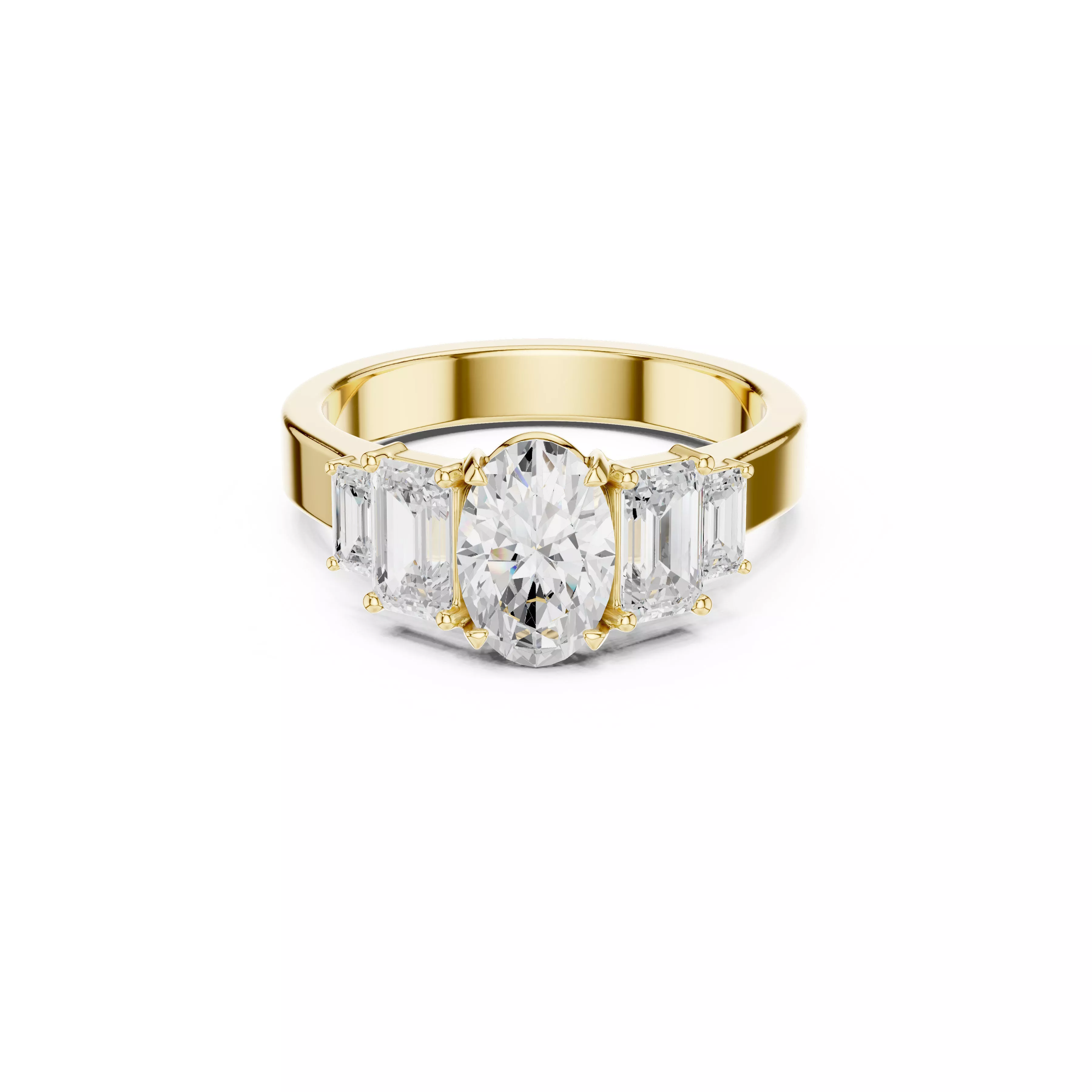 Five Stone Oval and Emerald Cut Diamond Engagement Ring CAD 3D print model