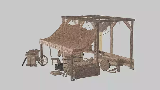Medieval Market Stall Tools Shop 03 Low Poly 3D Model Low-poly 3D model 3