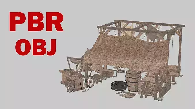 Medieval Market Stall Tools Shop 03 Low Poly 3D Model Low-poly 3D model