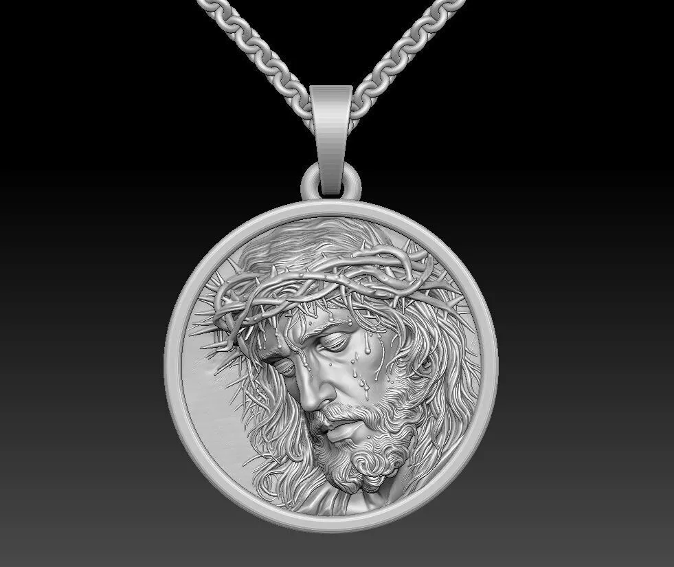 3D Gold Jesus Pendant Necklace Crown of Thorns Christ Medal 1 3D print model
