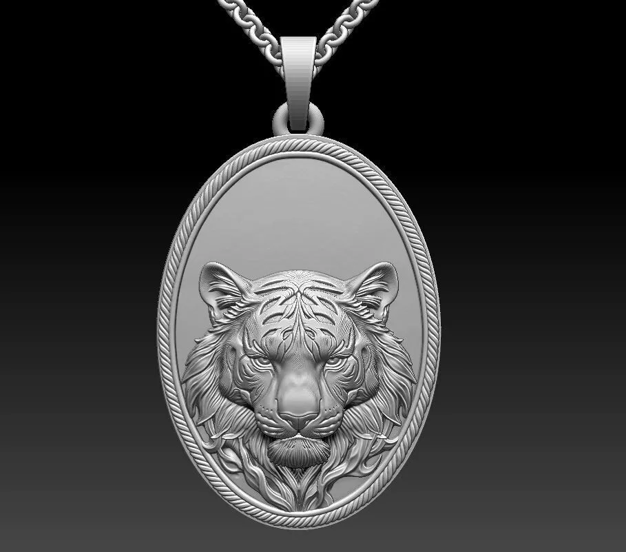 18K Gold Tiger Pendant Necklace Oval Wild Big Tiger Medallion 3D print model