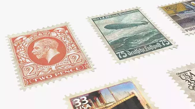 Vintage Old Postage Stamp Set 3D model 7