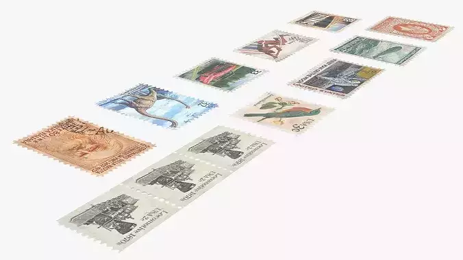 Vintage Old Postage Stamp Set 3D model 6