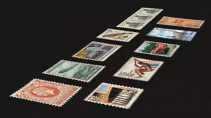 Vintage Old Postage Stamp Set 3D model 5