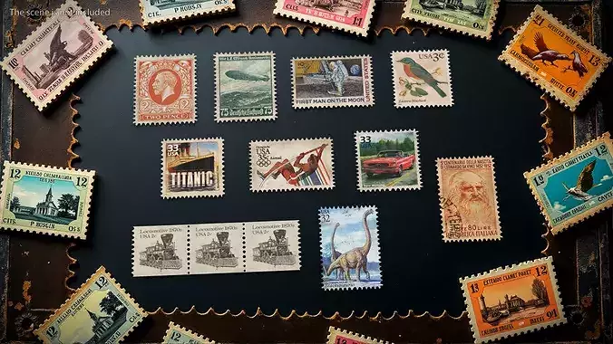 Vintage Old Postage Stamp Set 3D model 3