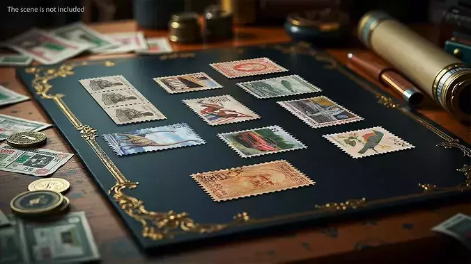 Vintage Old Postage Stamp Set 3D model 4