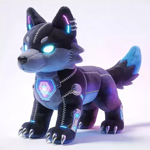 Stylized 3D Cyberpunk Neon Wolf Plush Model