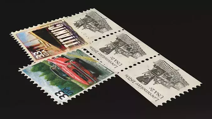 Old US Stamps Set Mustang Titanic and Steam Train 3D model 5